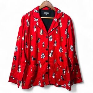 PJ Salvage Red Dog Print Flannel Pajama Top M Cozy Holiday Button Shirt